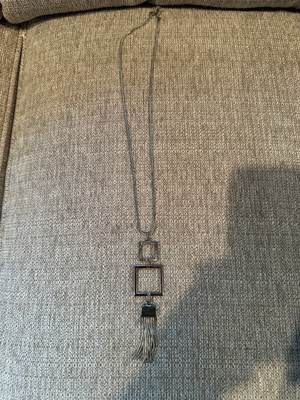 Long Silver-Tone Necklace With Square Pendant and Fringe